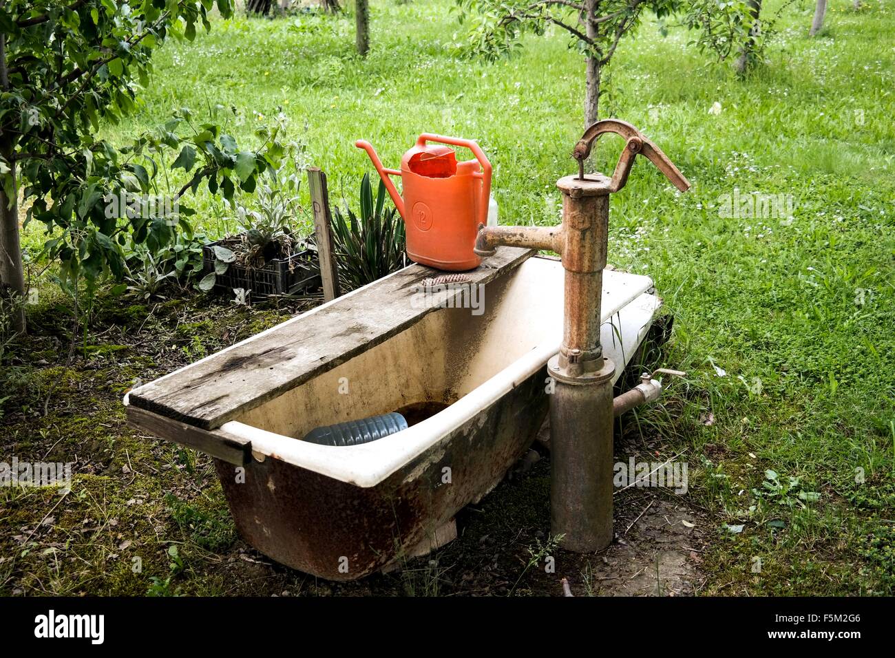 Bathtube in a garden in Odžak. Stock Photo