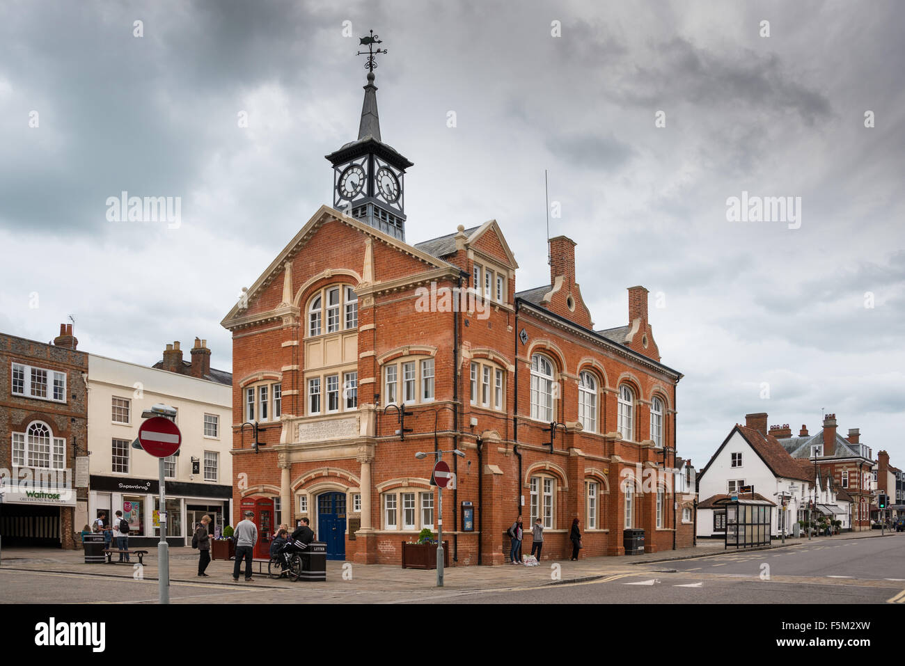 Oxfordshire Thame town showing town hall clock tower buildings street