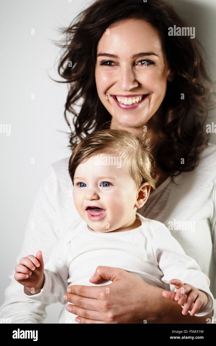 Portrait of happy mother and baby son Stock Photo