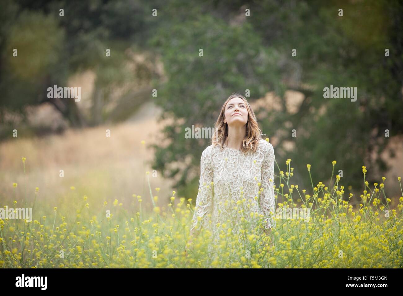Woman enjoying fresh air in park, Stoney Point, Topanga Canyon, Chatsworth, Los Angeles, California, USA Stock Photo