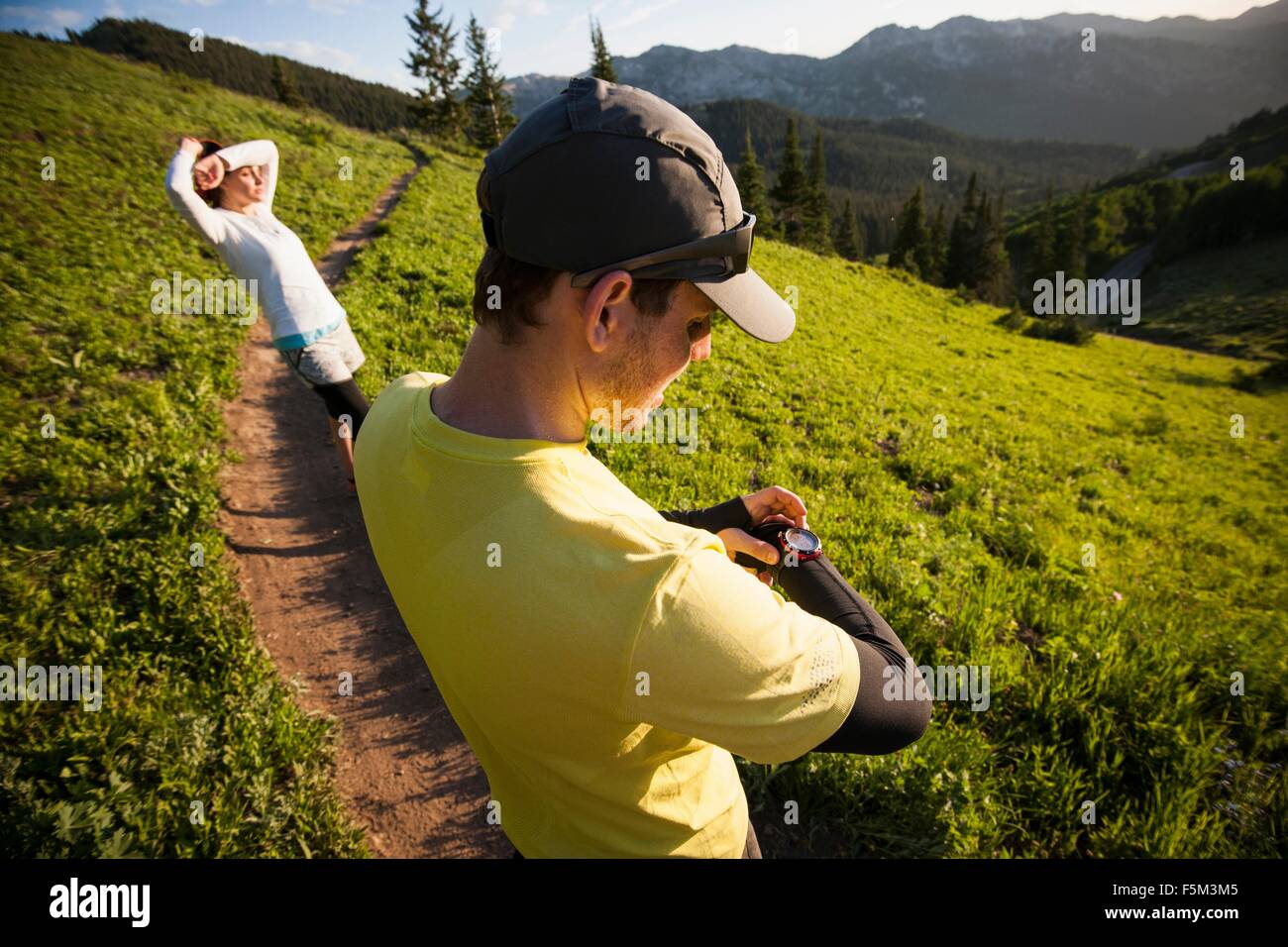 Runners taking break, Bloods Lake trail near Guardsman Pass, Wasatch ...