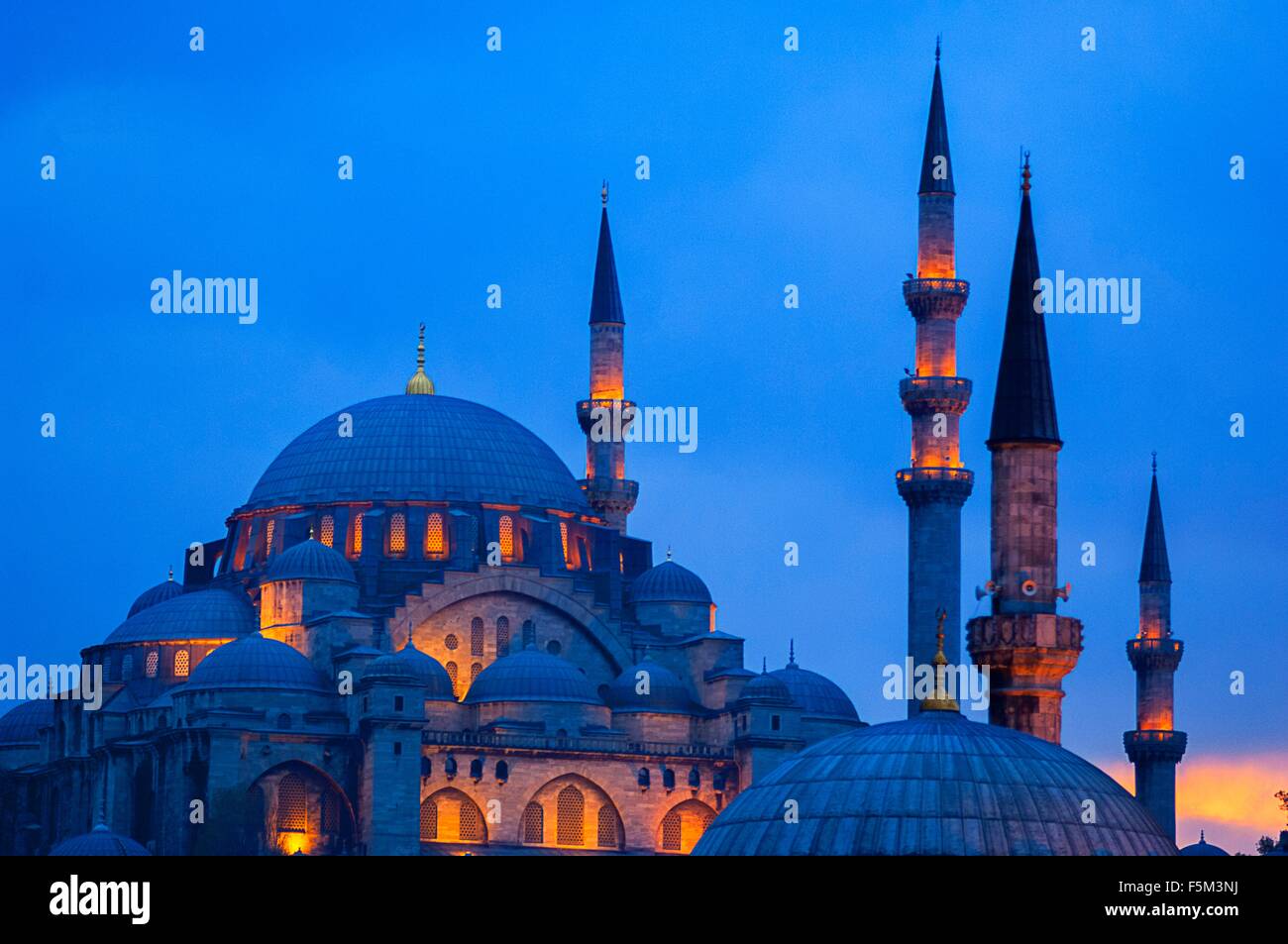 Rooftop detail of Blue Mosque Istanbul, Sultan Ahmed Mosque at night, Turkey Stock Photo