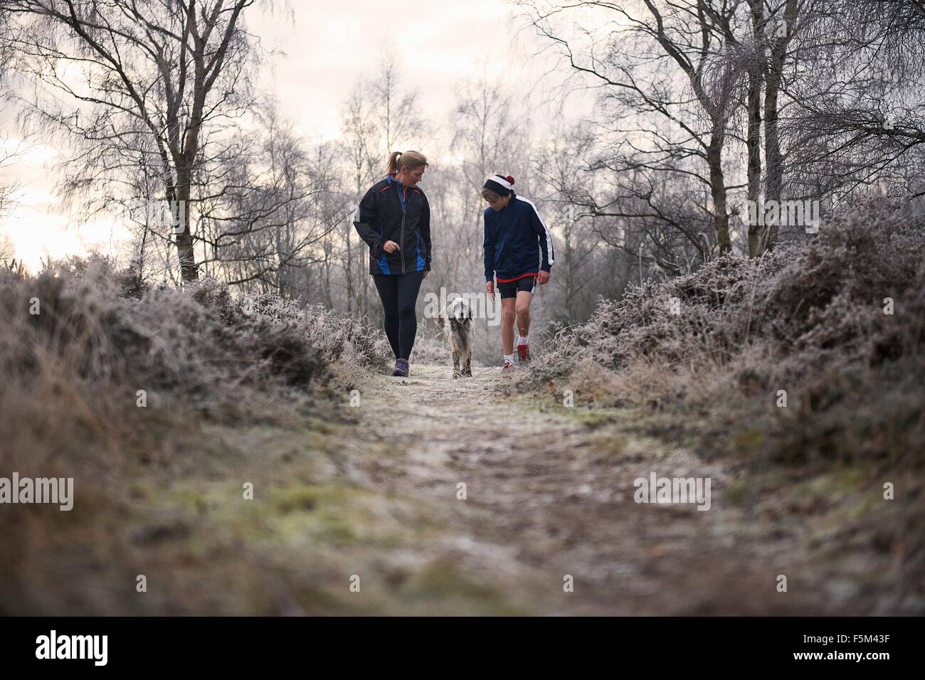 Front view of mother and son walking with dog looking down Stock Photo