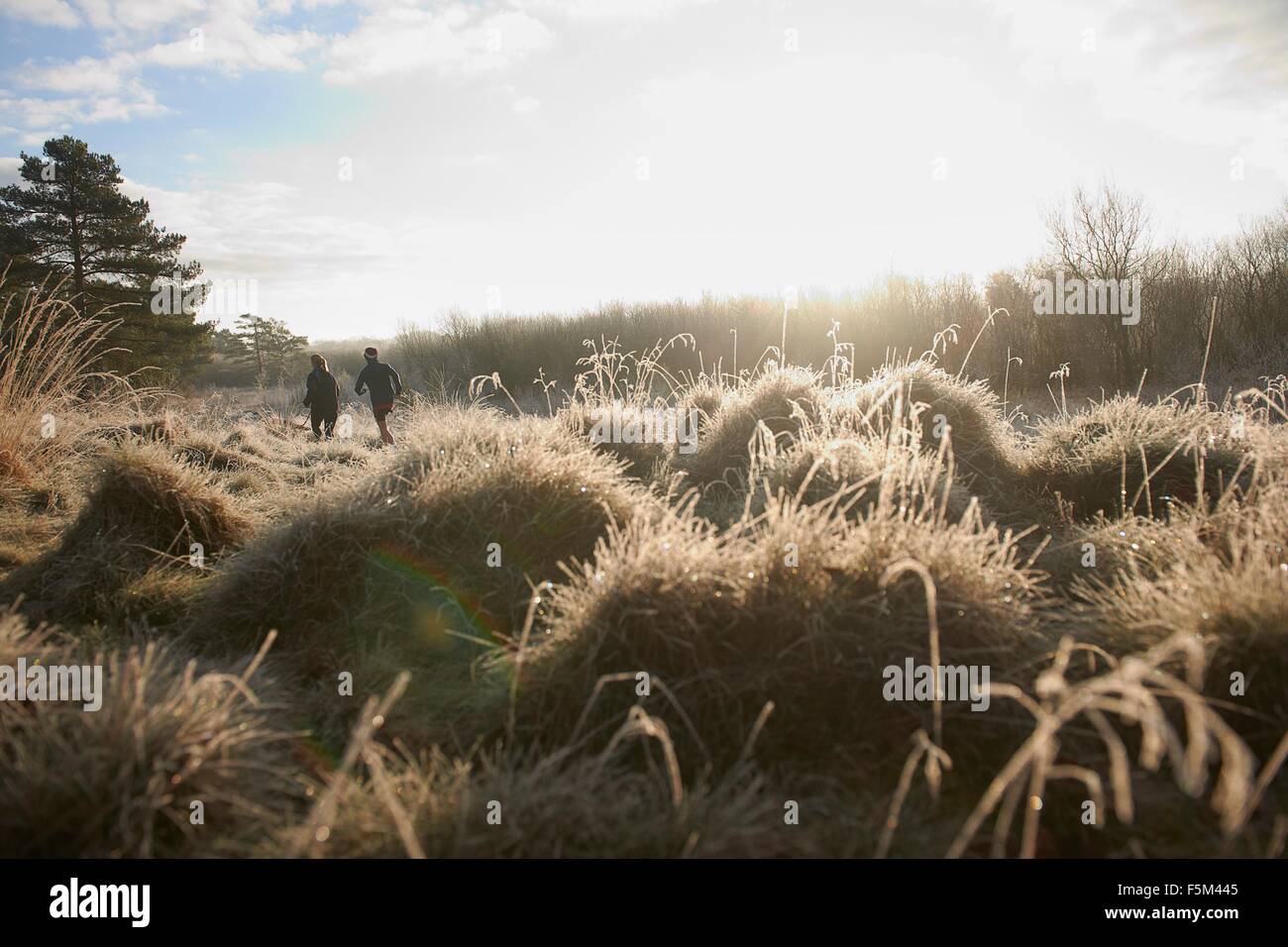 Rear angle view of mother and son running on grassland Stock Photo