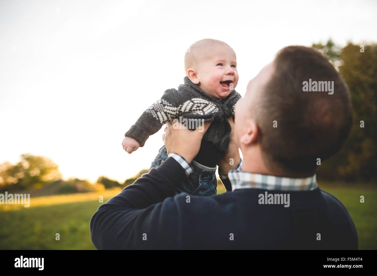 Mid adult man holding up baby son in field Stock Photo