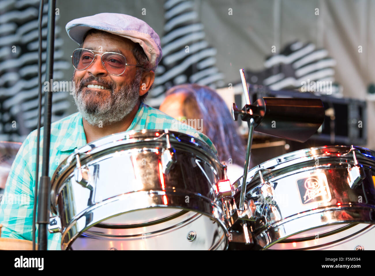 Garana, Romania, July 10, 2015: Percussionist Giovanni Hidalgo in concert at Garana Jazz festival, playing in the band of Gonzal Stock Photo