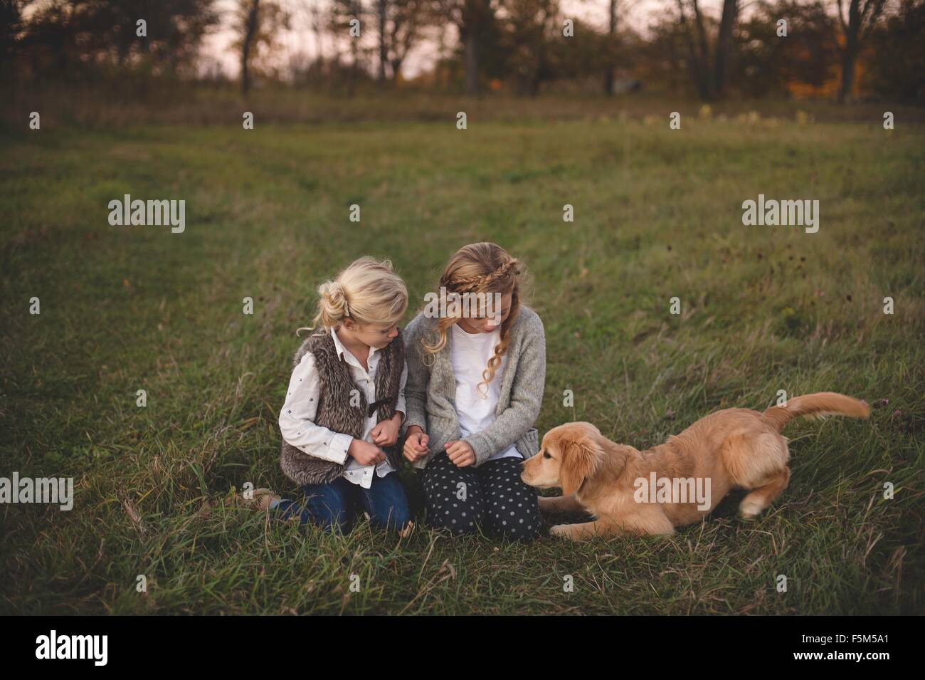 Two young girls sitting in field with pet dog Stock Photo
