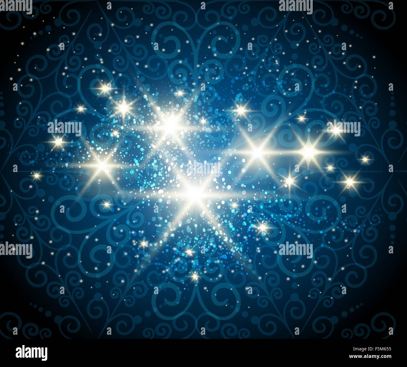 Dark blue background with shining stars against see through swirls pattern Stock Vector