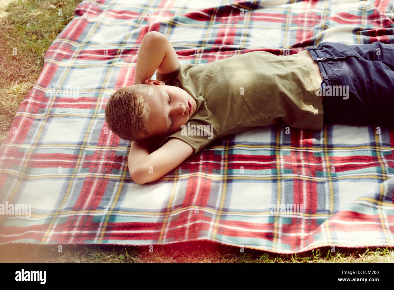 High angle view of boy lying on picnic blanket hands behind head looking away Stock Photo