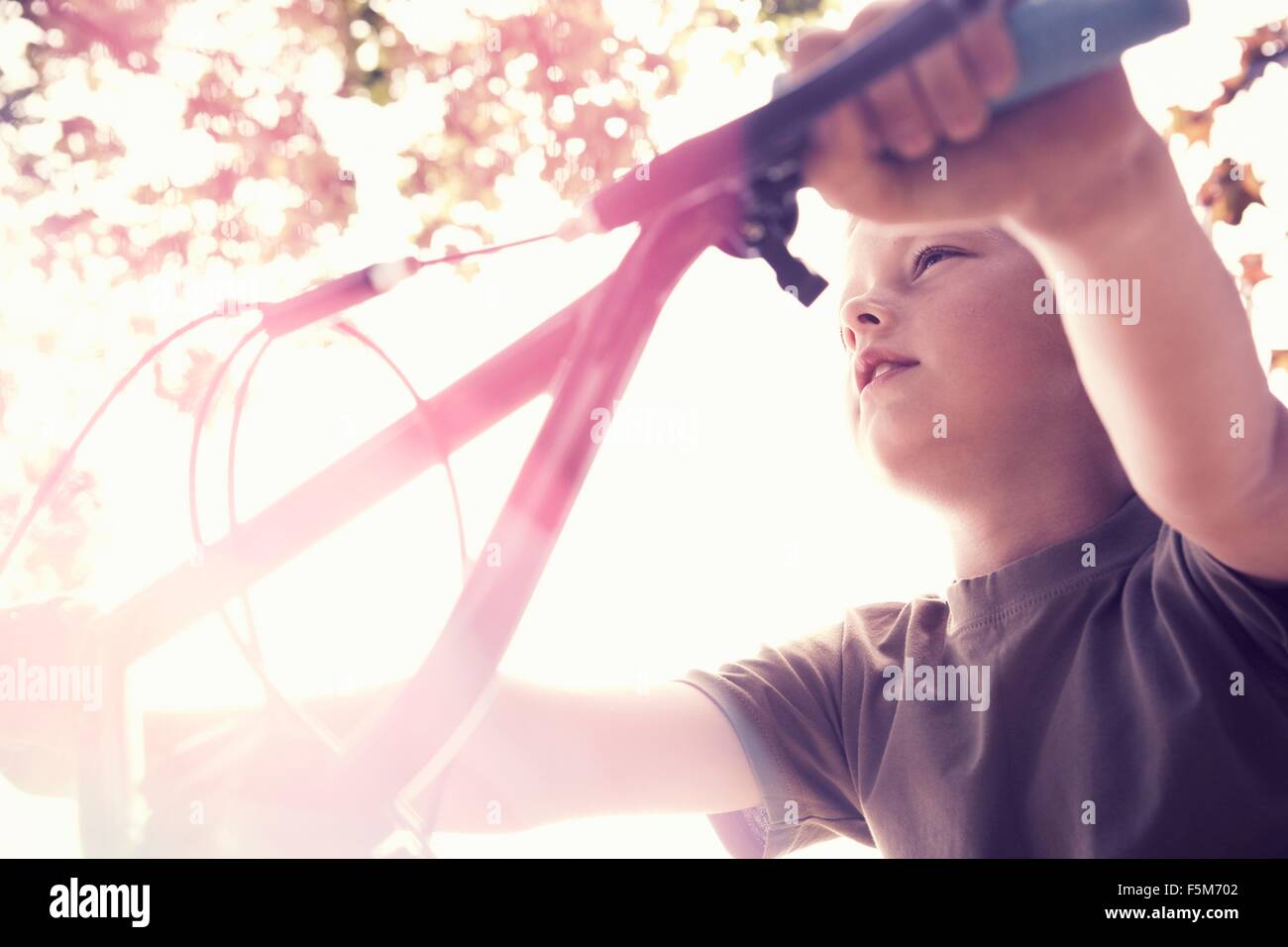 Low angle view of boy on BMX bicycle looking away Stock Photo
