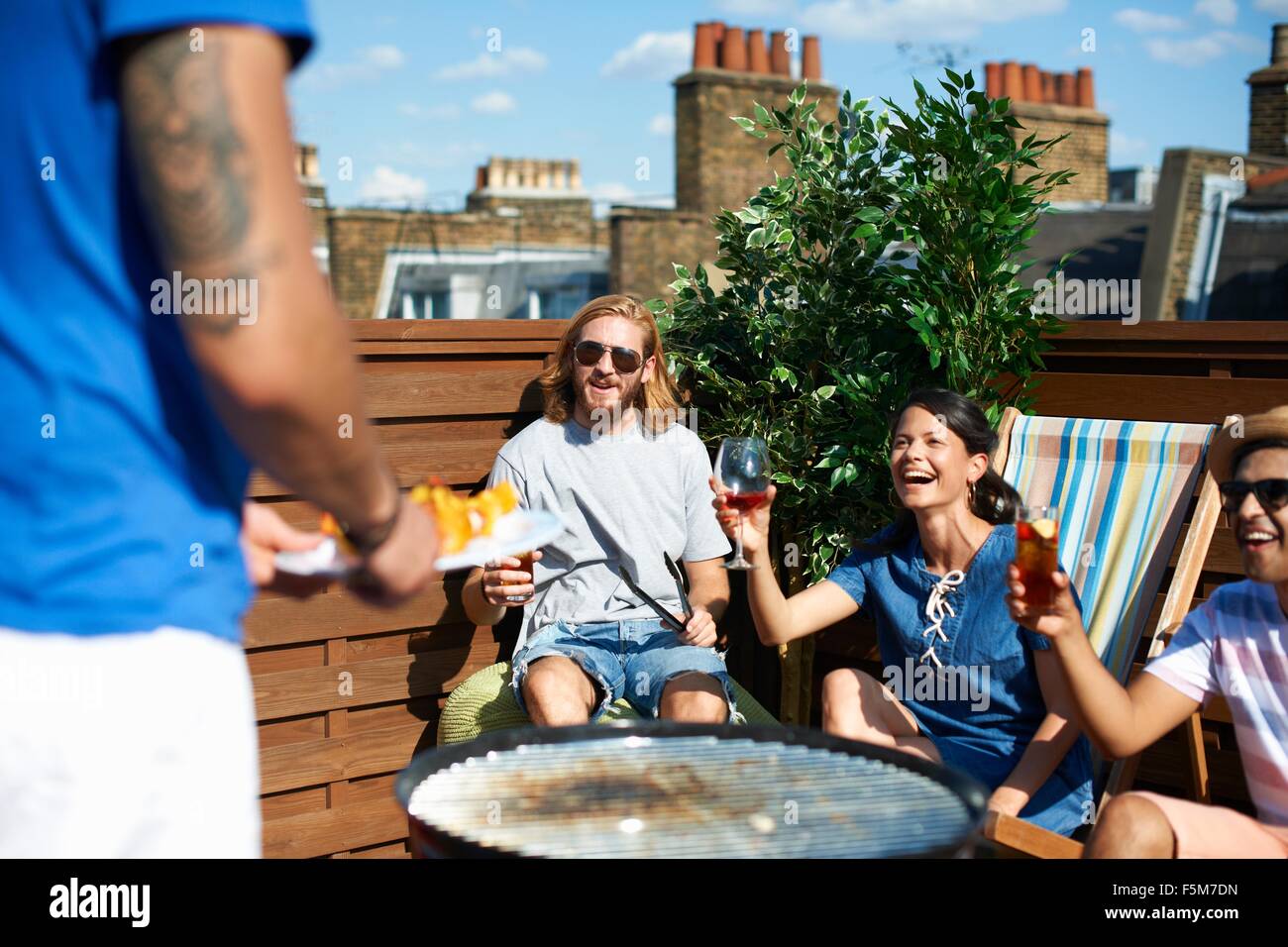 Adult friends raising a toast at rooftop party Stock Photo