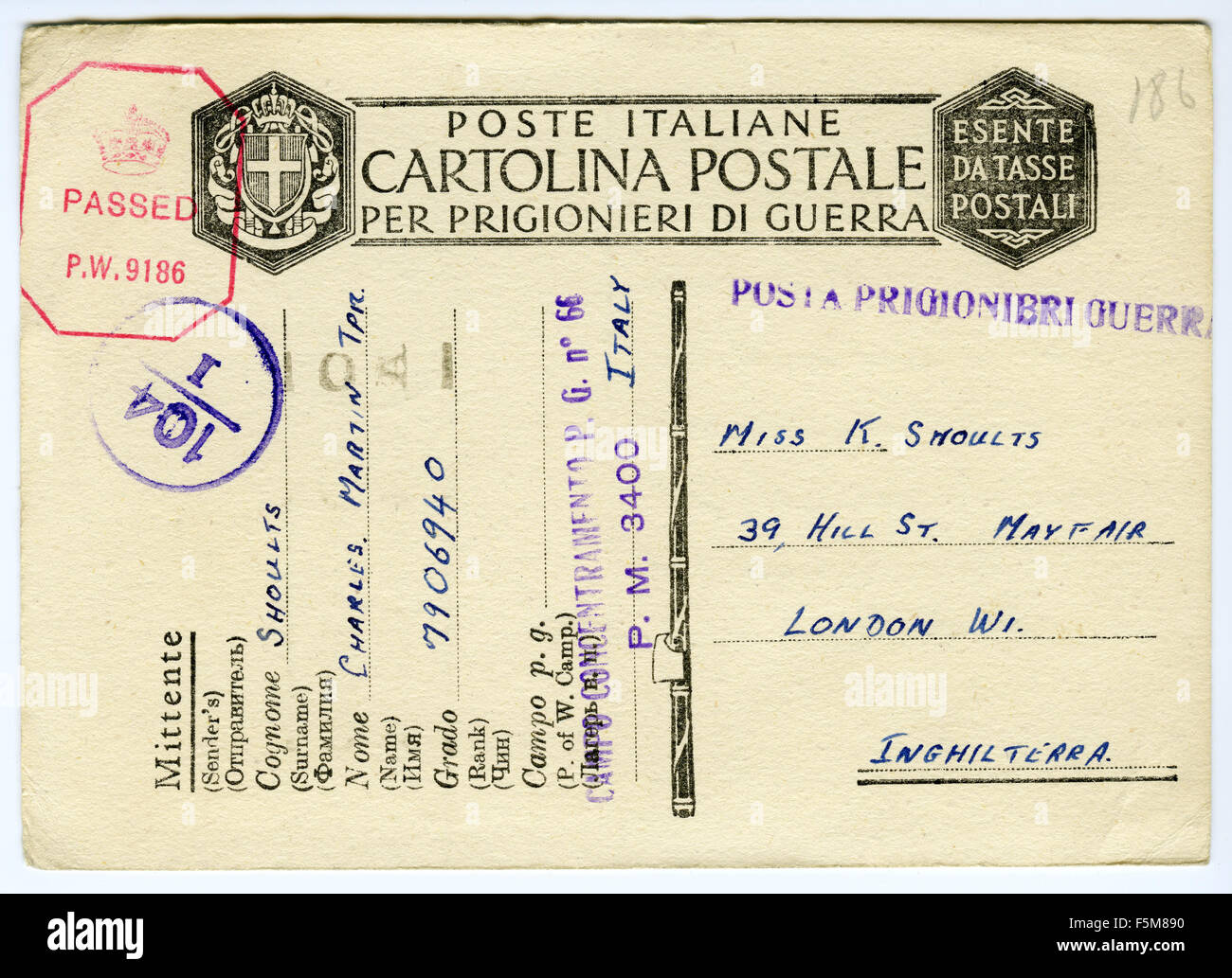 British POW's postcard home from an Italian prisoner of war camp, Second World War Stock Photo