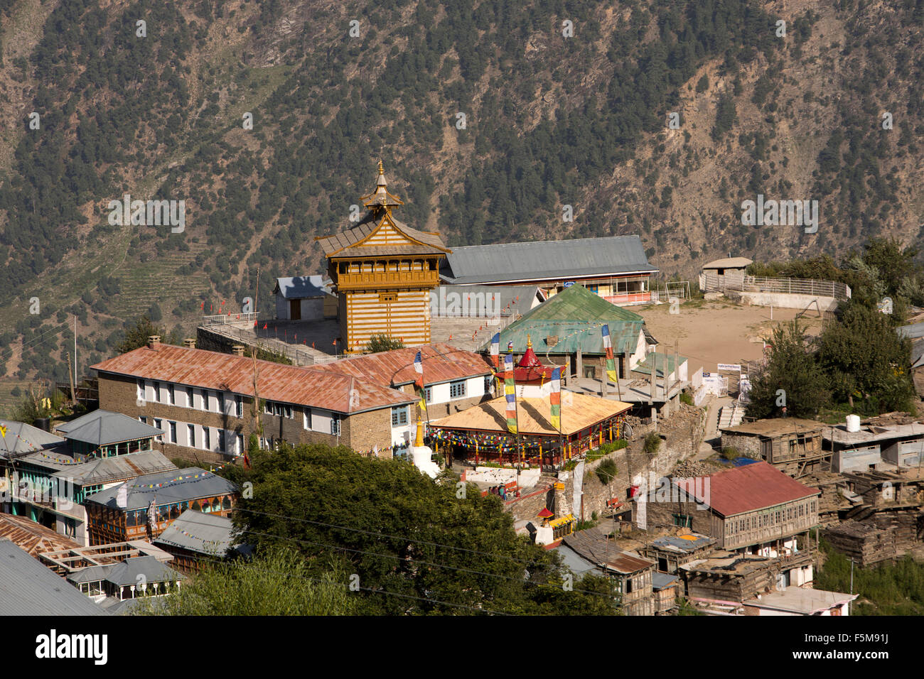India, Himachal Pradesh, Kinnaur, Reckong Peo, Kalpa, elevated view of wooden Buddhist monastery Stock Photo
