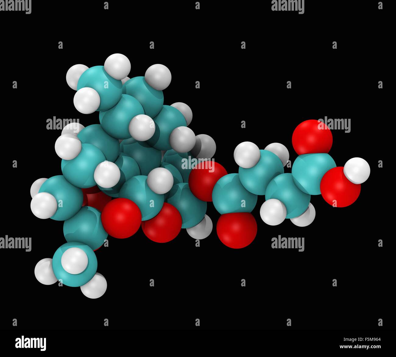 Space filling molecular model of artesunate, a member of the artemisinin group of drugs that treat malaria Stock Photo