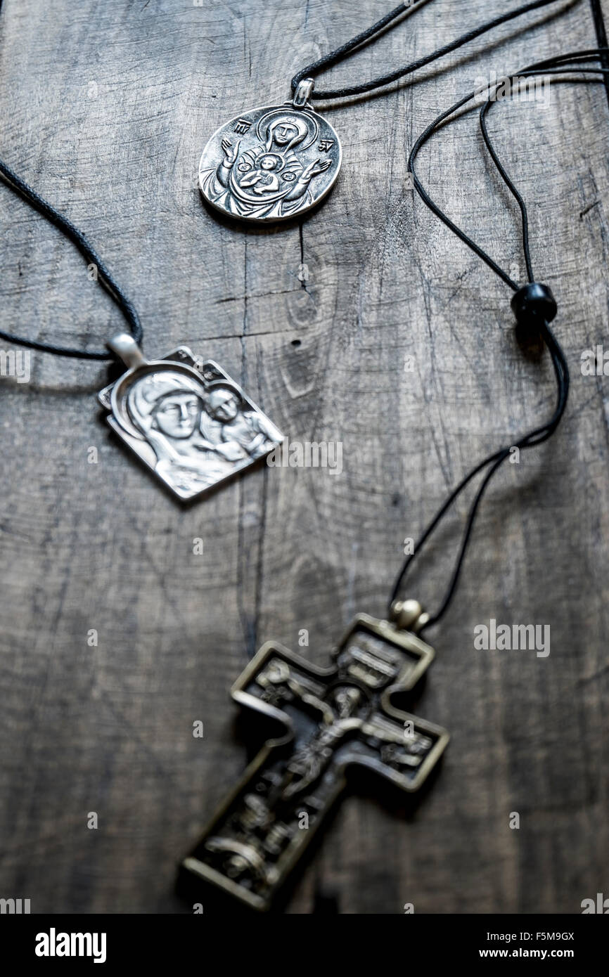 Handcrafted  jewelry religious concepts, focus on background Stock Photo