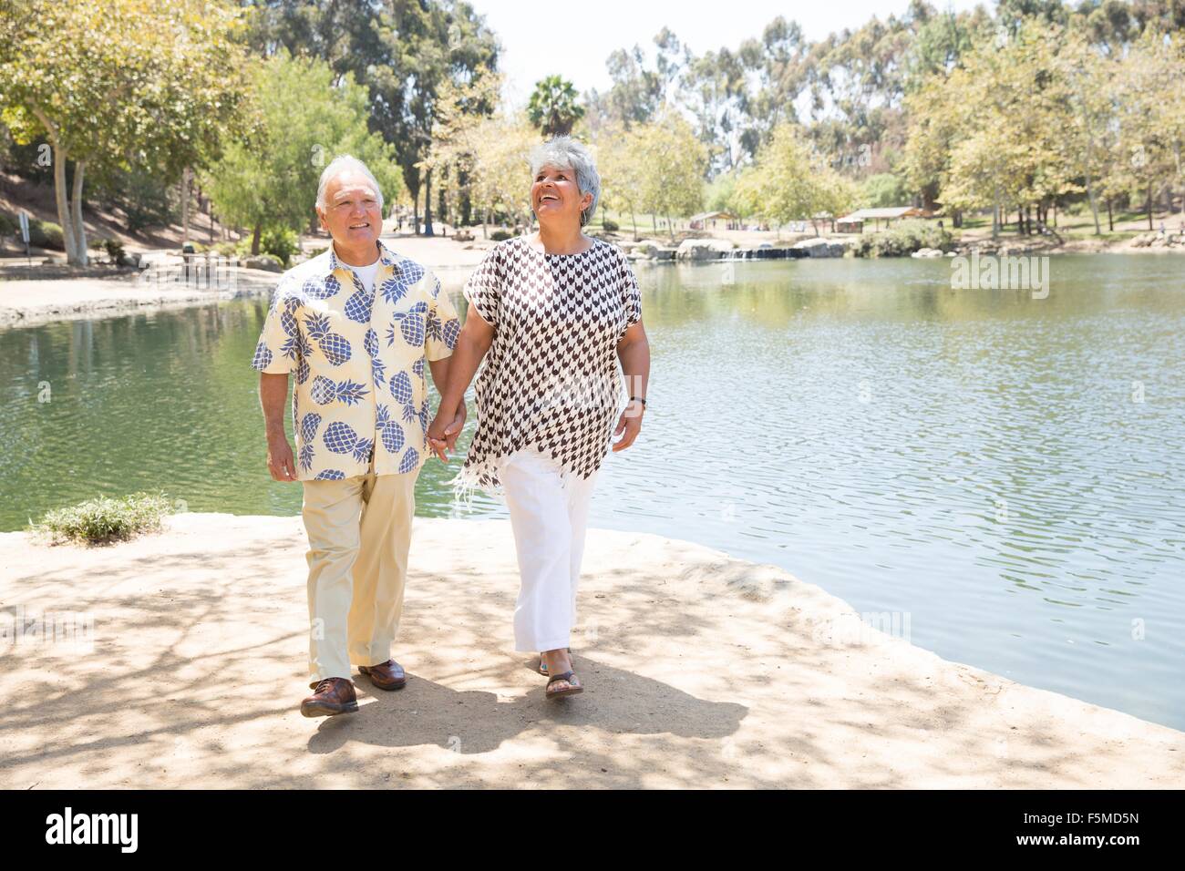Senior couple walking hand in hand beside lake Stock Photo - Alamy