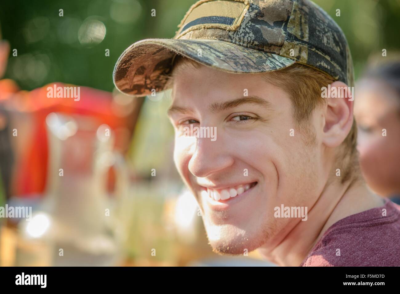 Man smiling at tomato eating festival Stock Photo