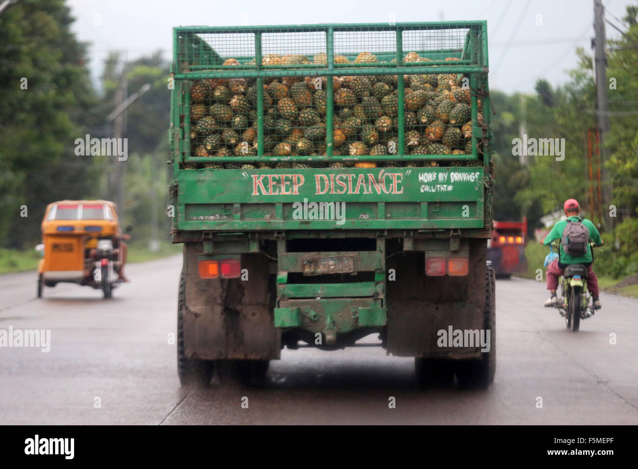 Truck with Pineapple on the way to the processing plant of the Dole Pineapple Inc. in Polomolok, South Cotabato, Mindanao, The Philippines Stock Photo