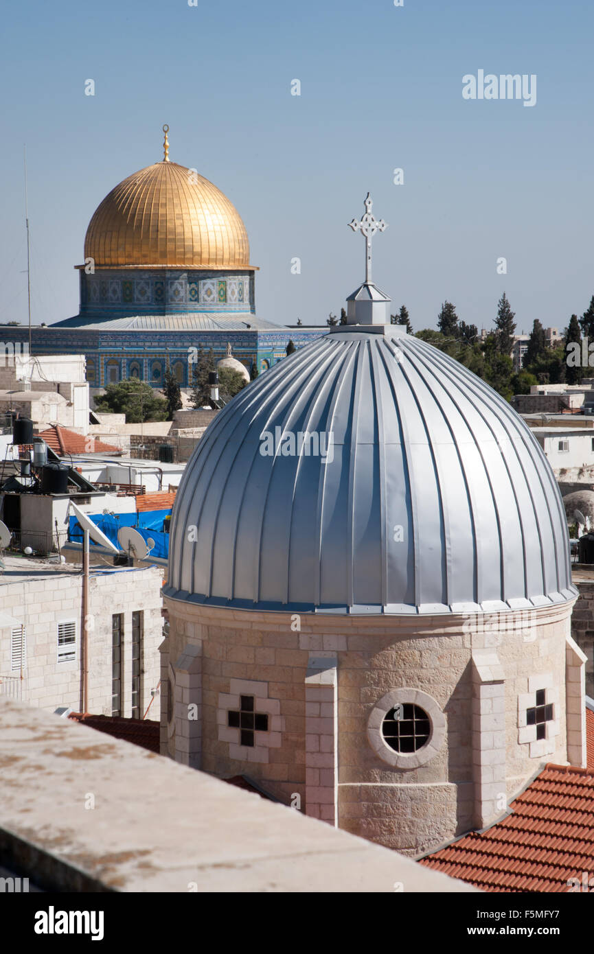 Our Lady of the Spasm Armenian Catholic Church and the Dome of the Rock in the Old City of Jerusalem. Stock Photo