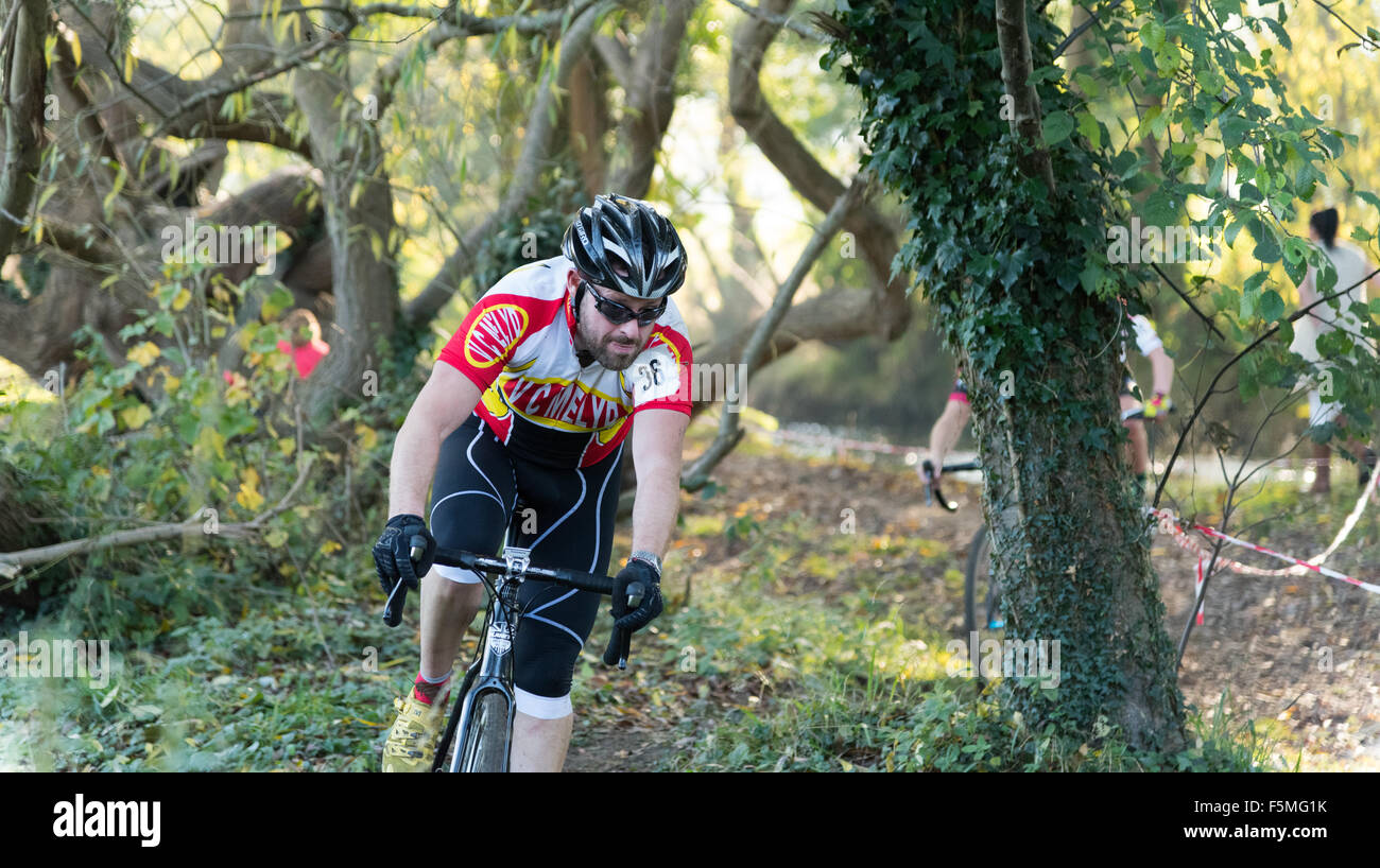 A North Wales CycloCross event held over a tricky one mile course beside the river Elwy in St Asaph, Denbighshire Stock Photo