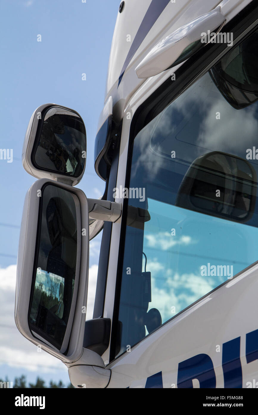 An Articulated lorry cab with a selection of three mirrors to aid visibility Stock Photo