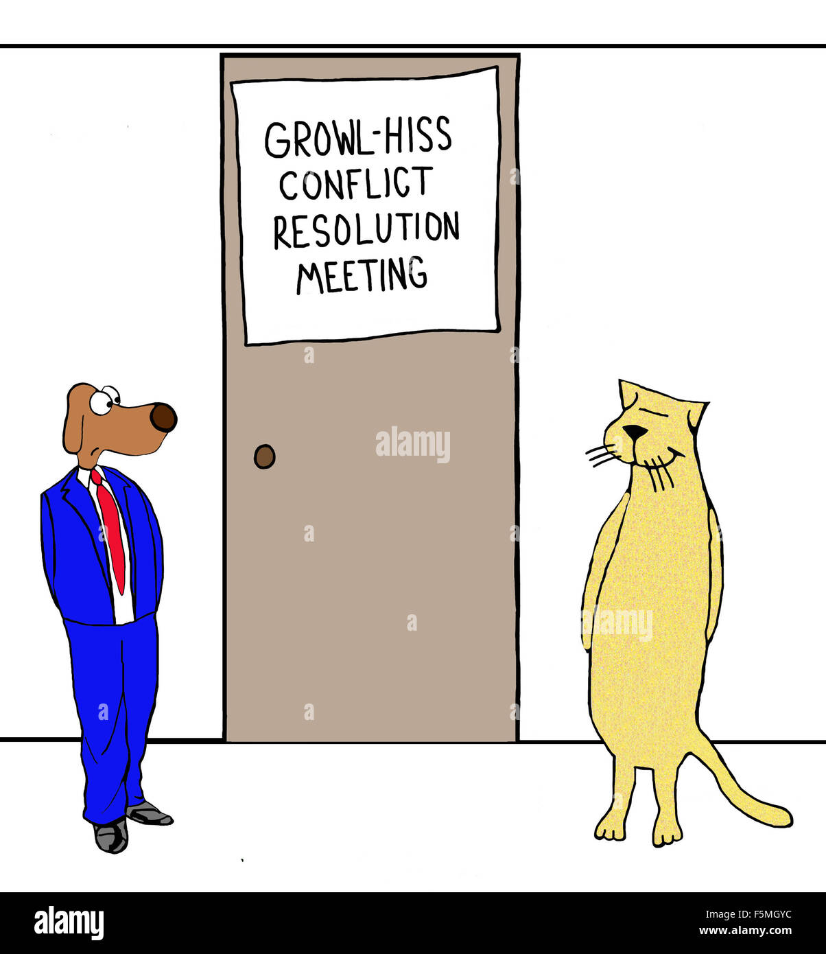 Business cartoon of business cat and business dog about to enter 'Growl - Hiss Conflict Resolution Meeting'. Stock Photo