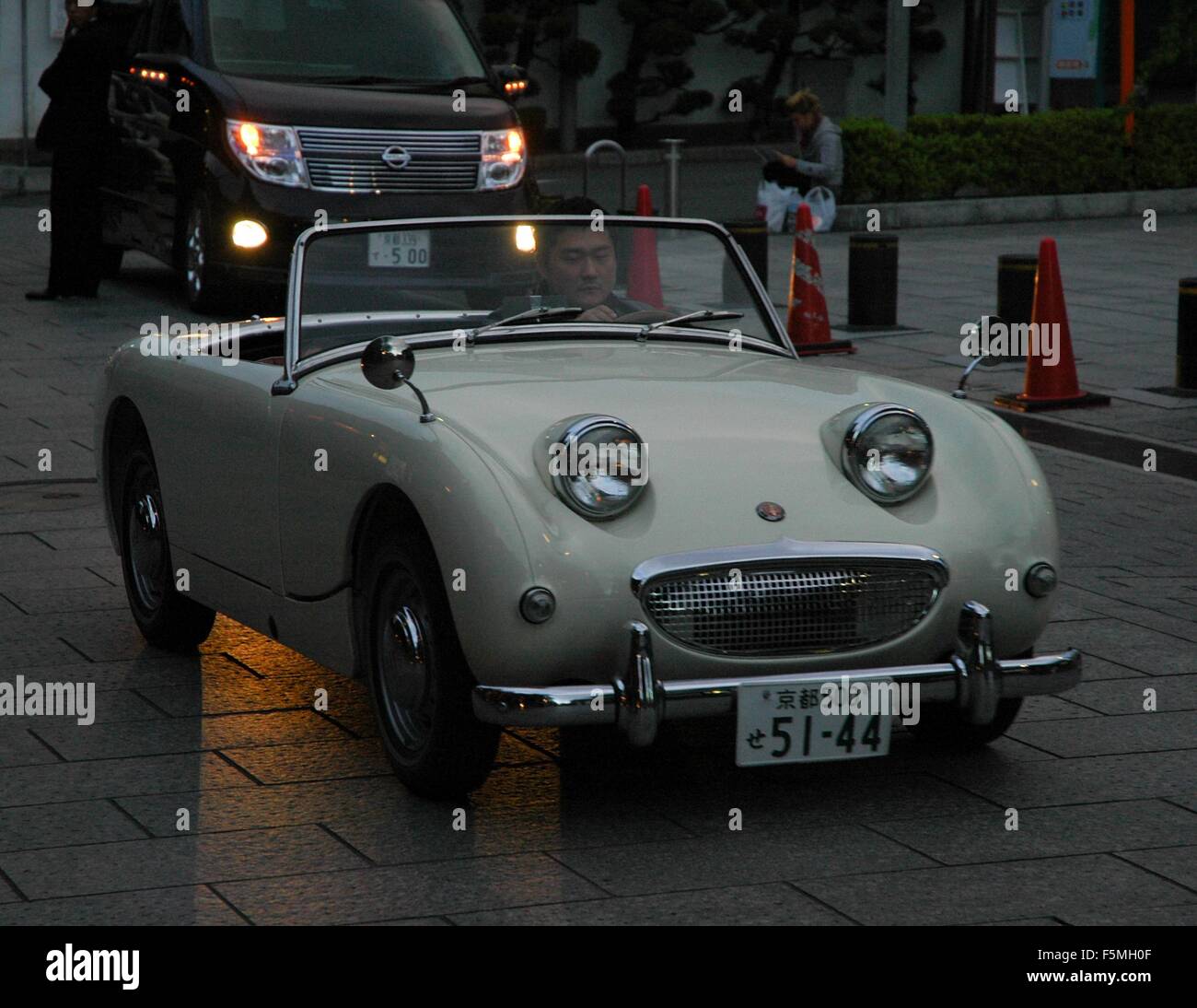 An Austin-Healey bug-eyed Sprite in Gion district, Kyoto, Japan. Stock Photo