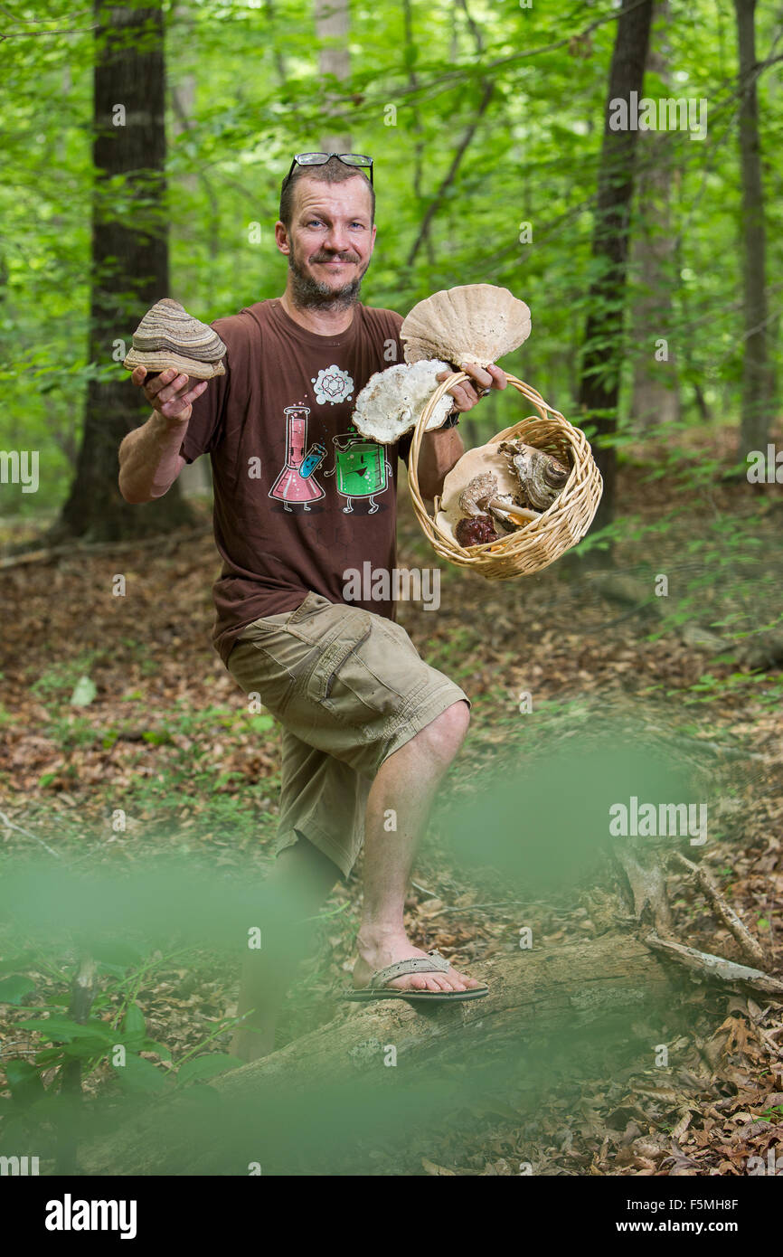 Mushroom hunting in the woods of South Carolina. Stock Photo