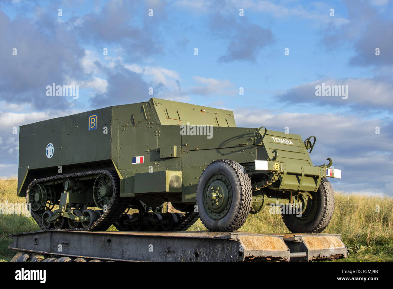 World War Two carrier / personnel half-track M3 / M3 half-track at Utah Beach, Saint-Martin-de-Varreville, Normandy, France Stock Photo