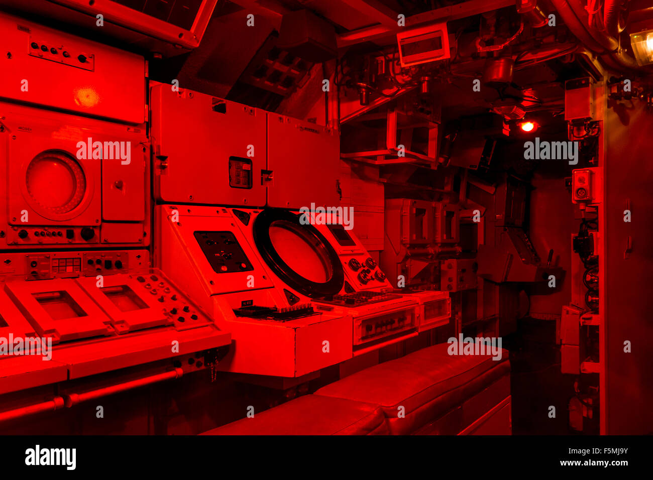 Control room under red light of the Redoutable, first French Navy SSBN ballistic missile