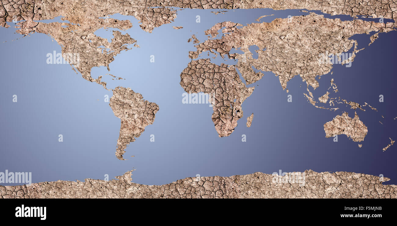 dry earth displayed as a 2d map, For map used open source http://visibleearth.nasa.gov/view rec.php?id=2433 Stock Photo