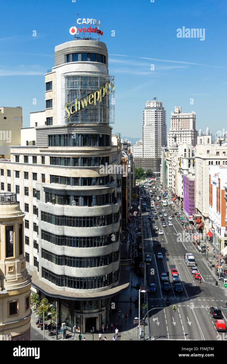 Madrid cityscape, with Capitol building besides the Gran Via street Stock Photo