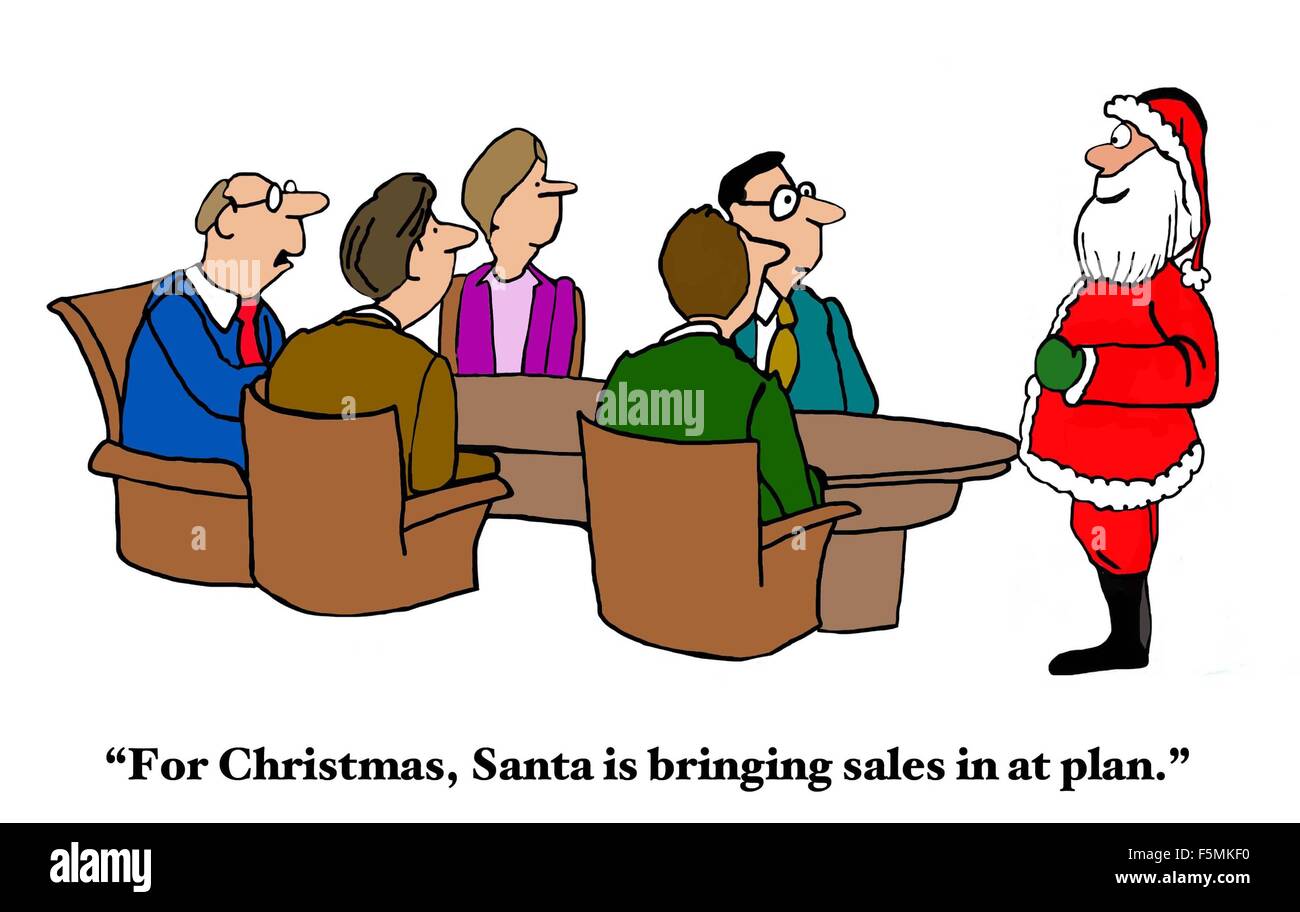 Christmas cartoon of a meeting with Santa Claus, 'For Christmas, Santa is bringing sales in at plan'. Stock Photo