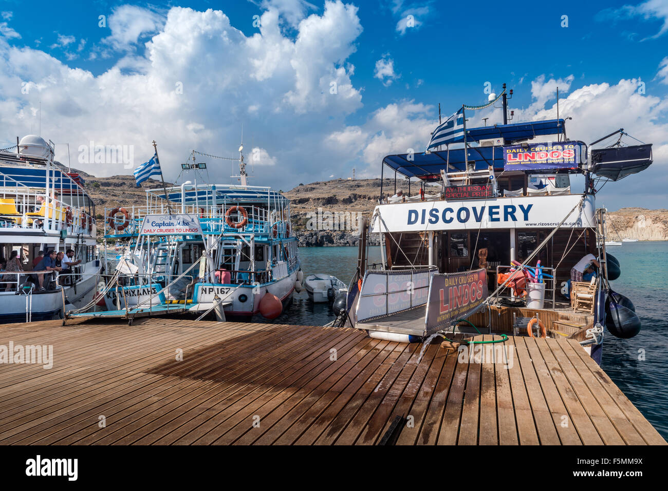 Lindos Cruise Boats Stock Photo