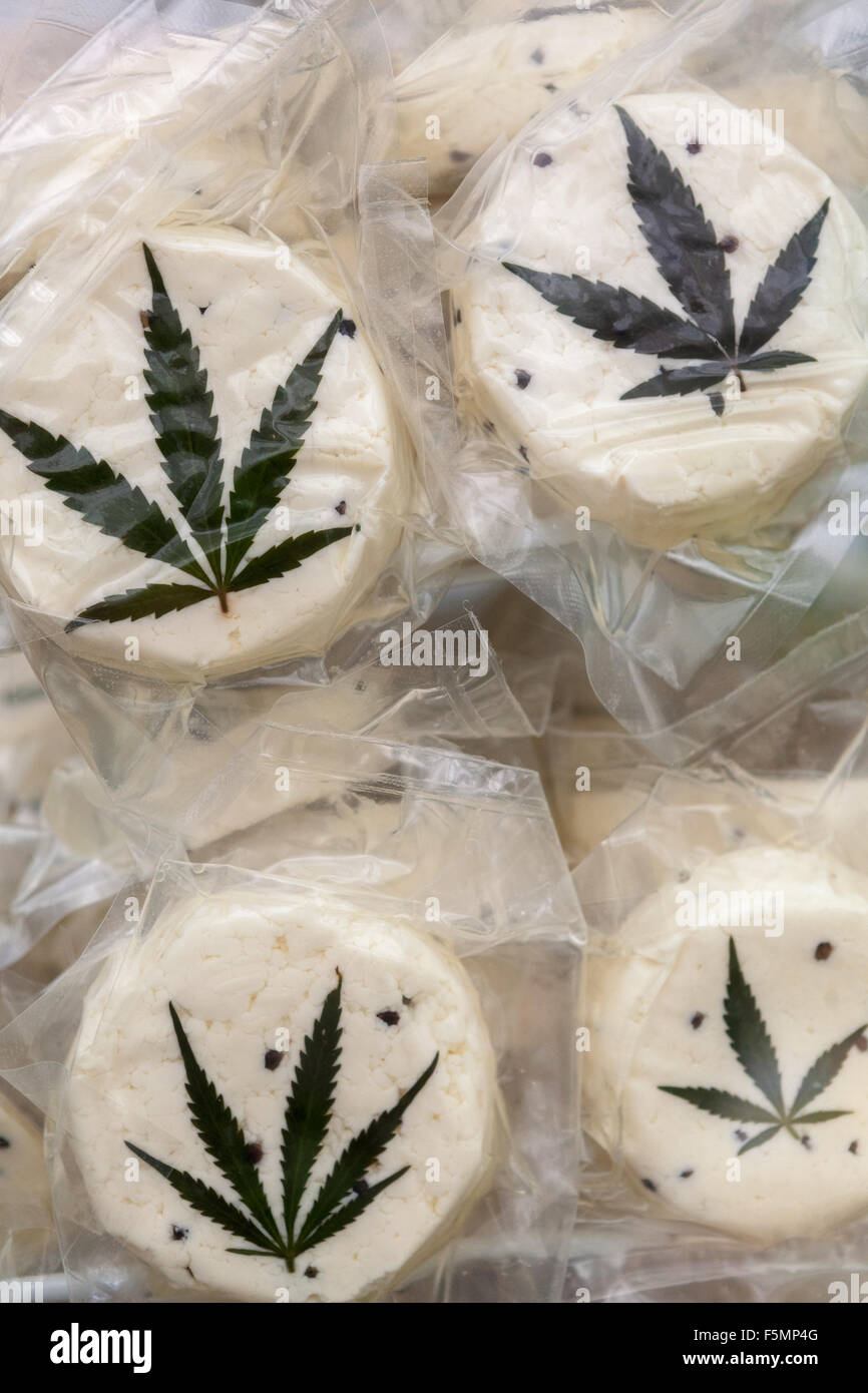 Sheep's cheese vacuum-packed, decorated with a cannabis leaf Prague Czech Republic Family farm product Stock Photo