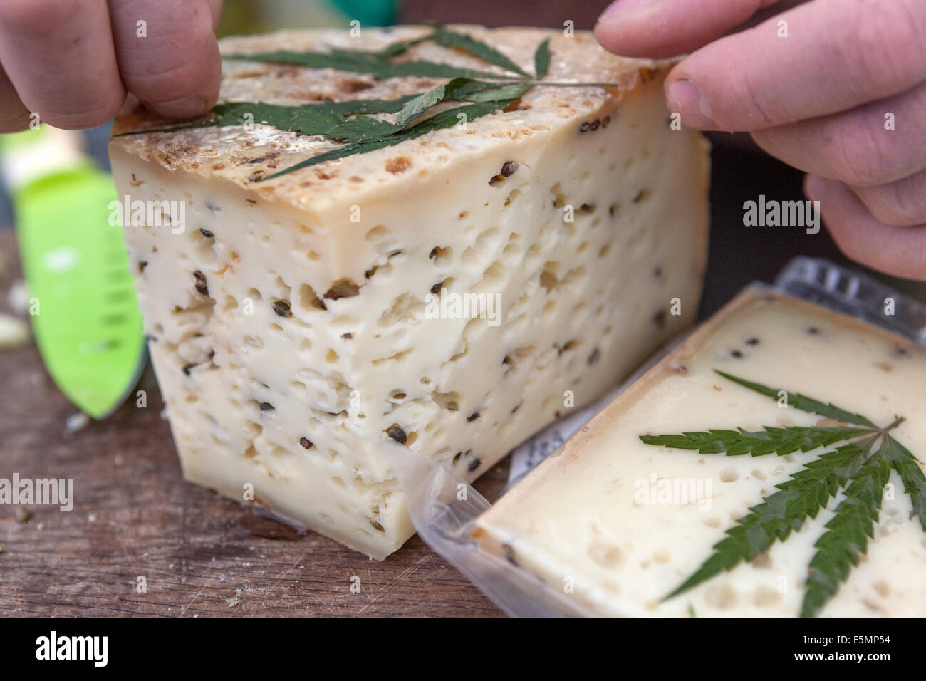 Ripened cheese seasoned with cheese and hemp decorated with leaf Stock