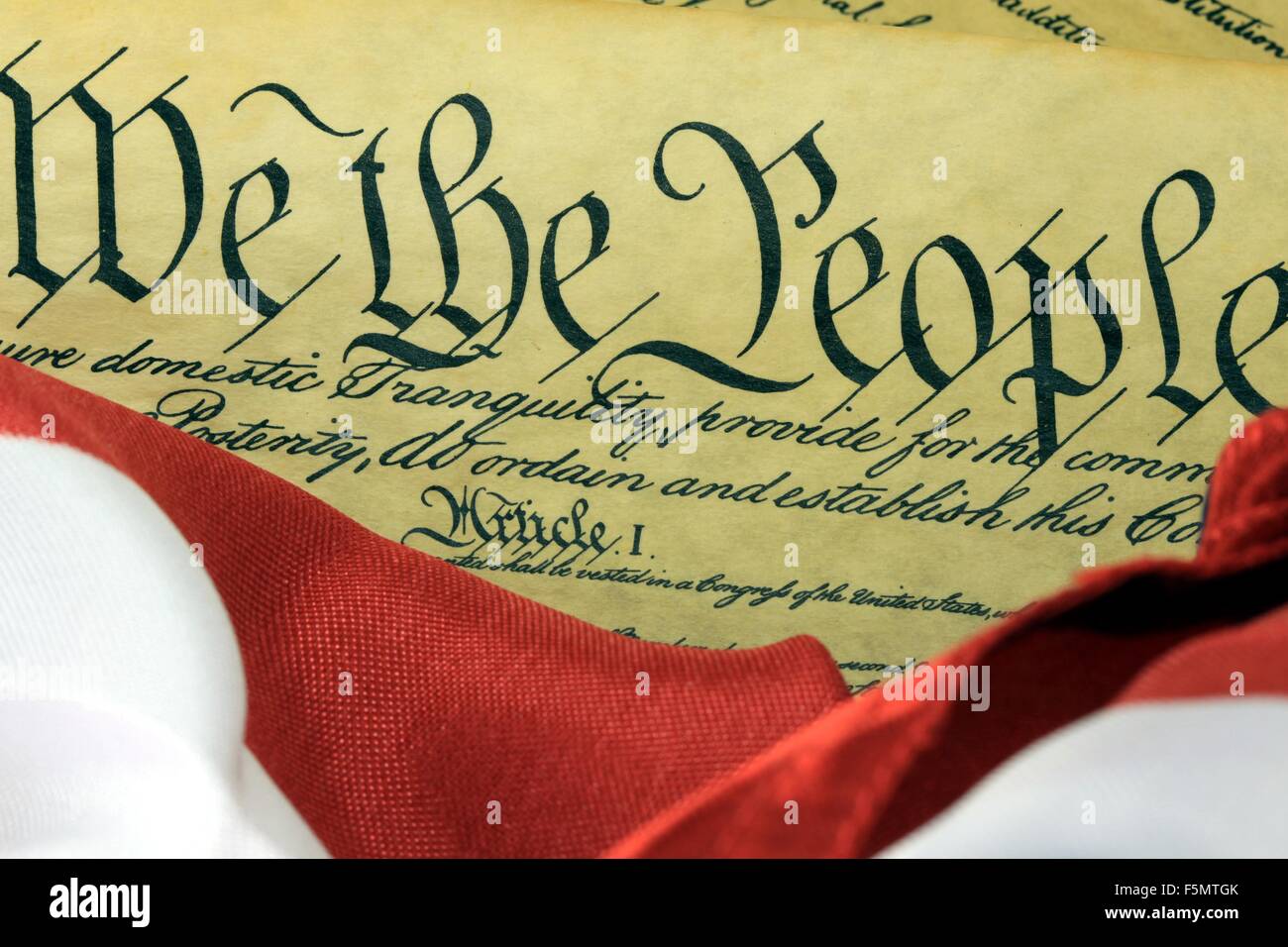 United States Bill of Rights Preamble to the Constitution and American Flag Stock Photo