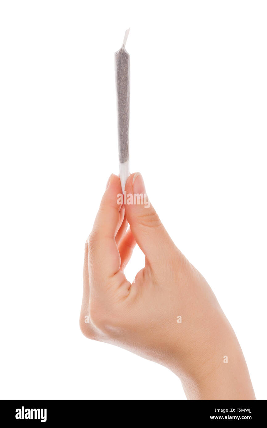 Female hand holding cannabis joint isolated on white background