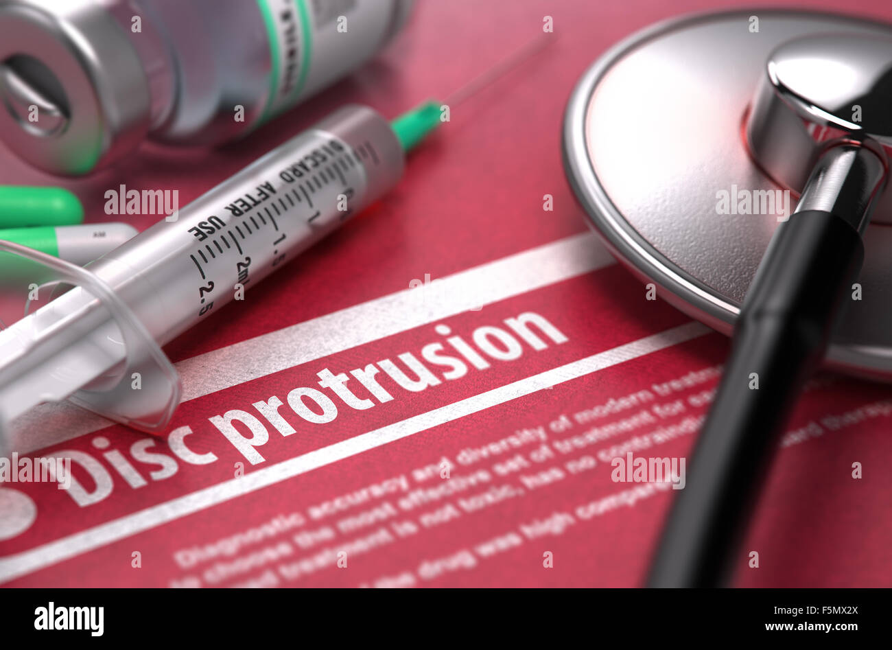 Disc protrusion. Medical Concept on Red Background. Stock Photo