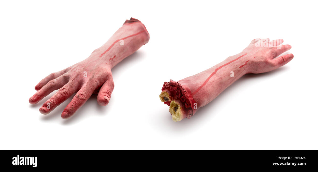 Two artificial human bloody arms isolated on white background Stock Photo