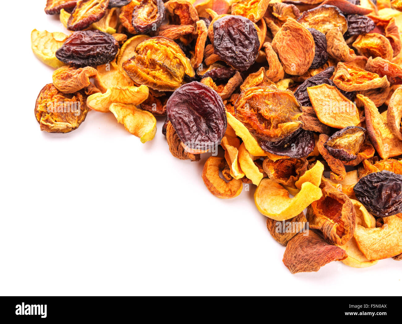 Mix of dried bits of fruits isolated on white Stock Photo Alamy