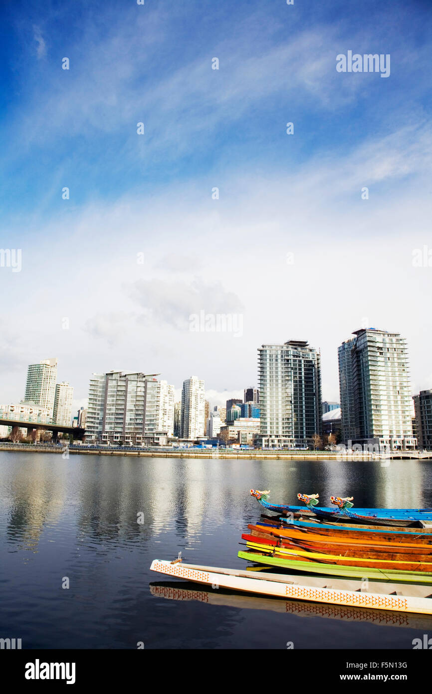 Dragon Boats in water, Vancouver, British Columbia, Canada Stock Photo