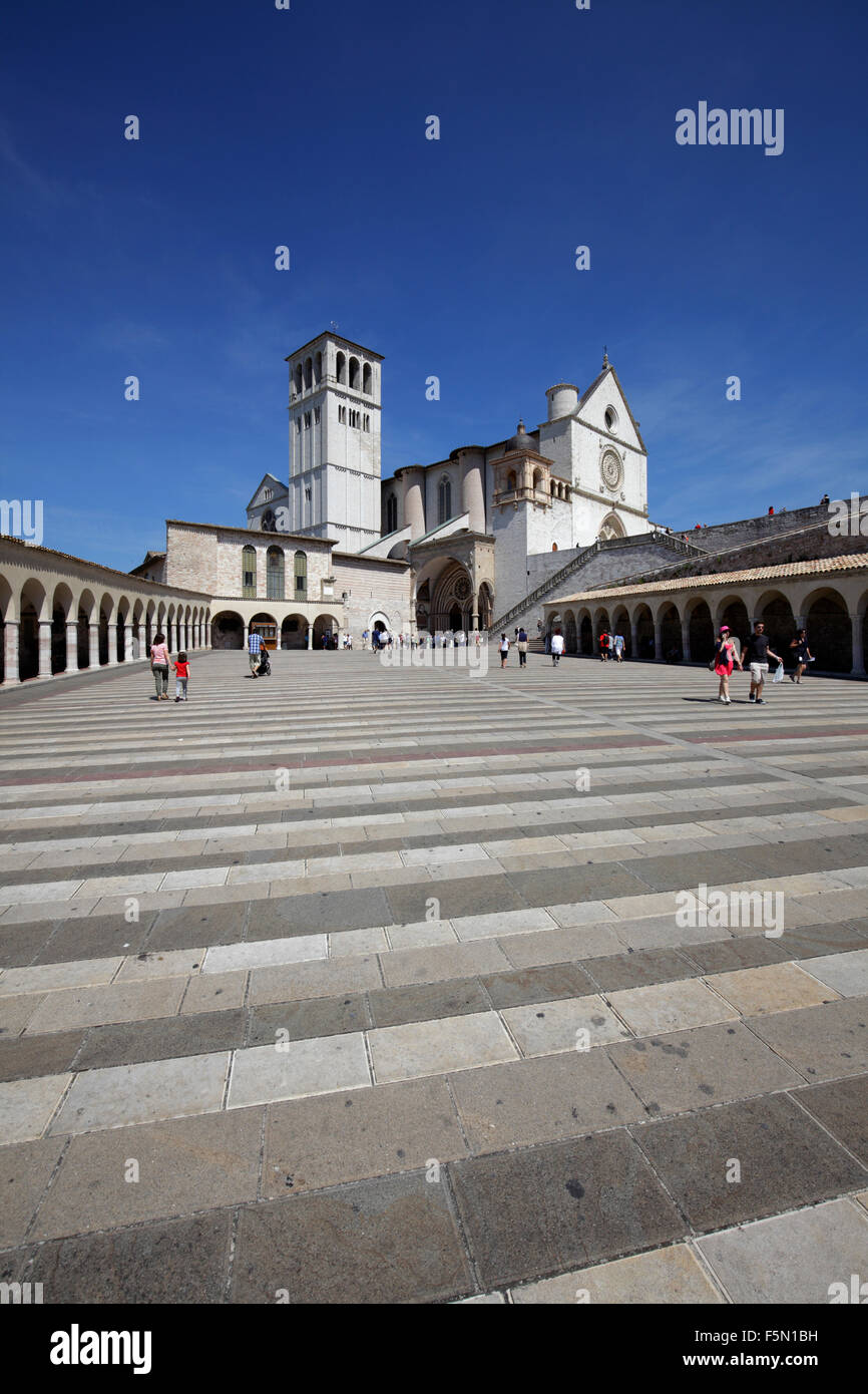 The Lower and Upper basilicas and the portico, as seen from the Lower Plaza of St. Francis, Assisi, Italy Stock Photo