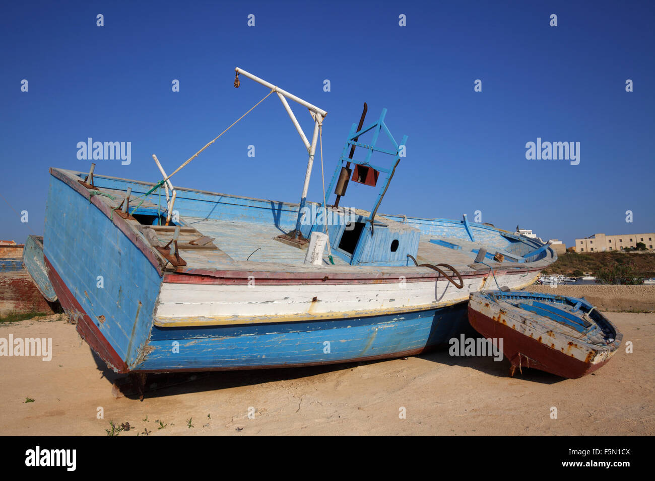 Shipwrecks used by clandestine immigrants to cross the Mediterranean sea, Lampedusa, Italy Stock Photo