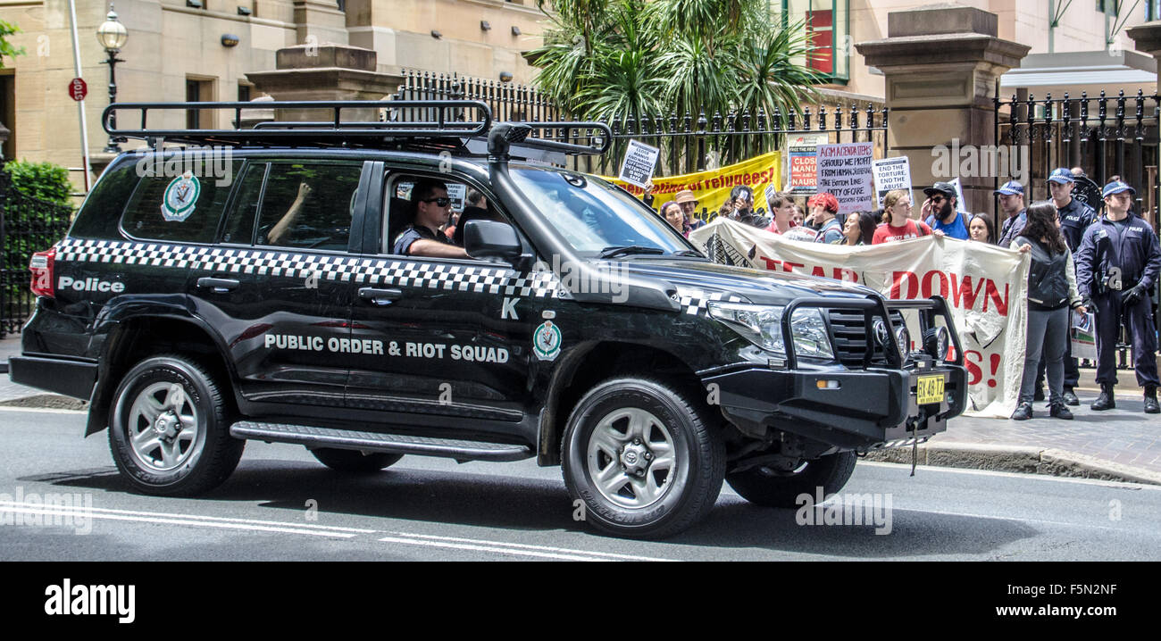 Sydney Australia - 28th of October 2015: Police public order and riot squad 4wd vehicle seen driving past a protest Stock Photo