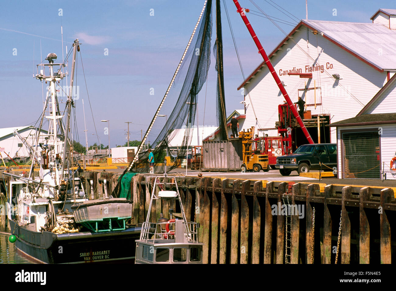 Commercial Fishing Boat / Seiner docked in Fraser River Boat Harbour, Steveston, BC, British Columbia, Canada Stock Photo