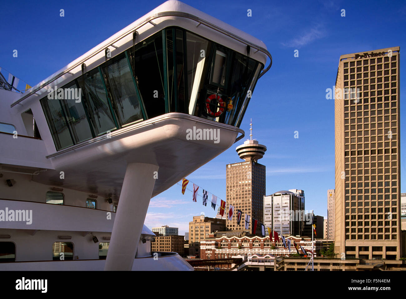 Vancouver, BC, British Columbia, Canada - Bridge Deck of Cruise Ship overlooking Downtown Office Buildings Stock Photo