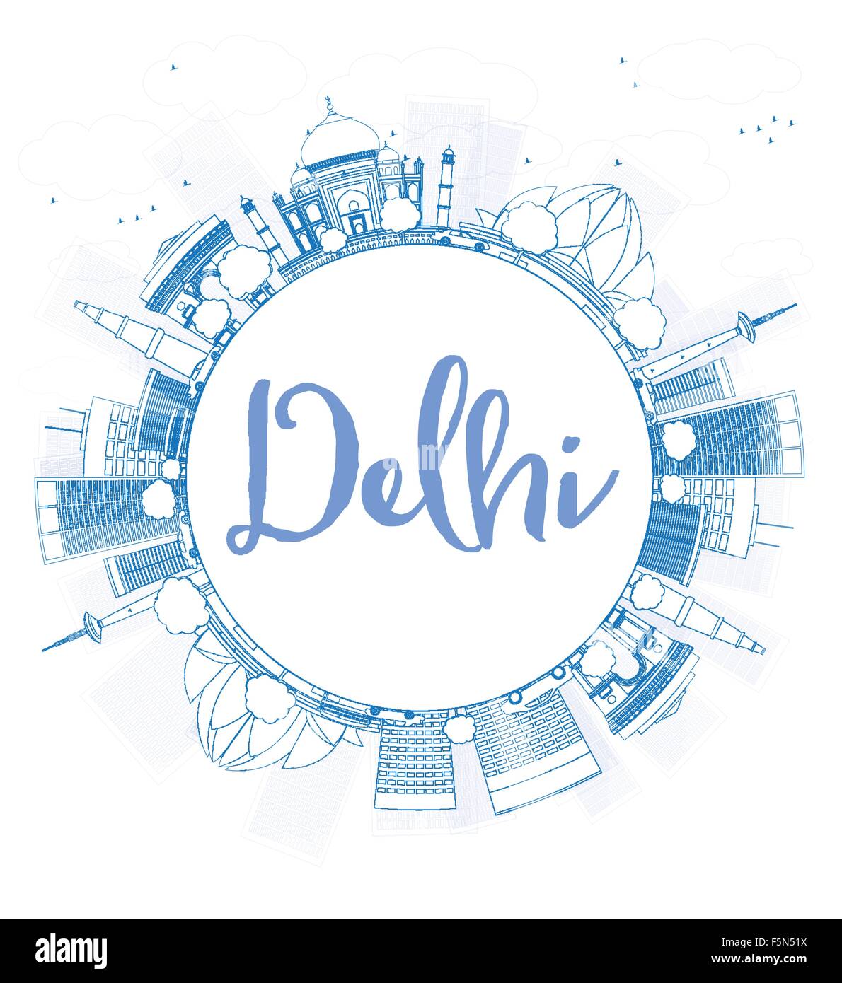 Outline Delhi skyline with blue landmarks and copy space. Business travel and tourism concept with place for text. Stock Vector