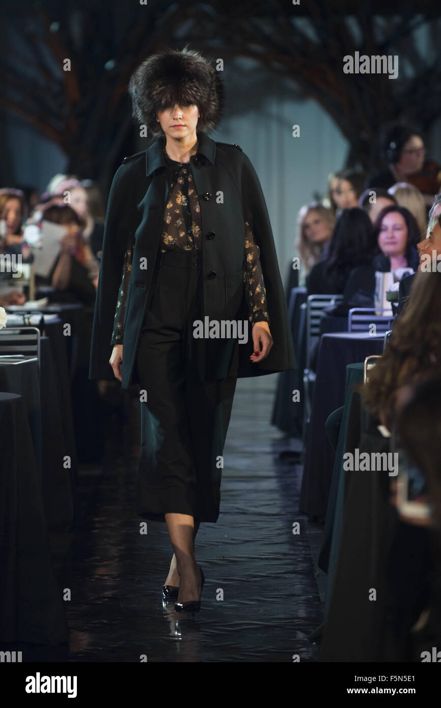 Calgary, Alberta, Canada. 6th Nov, 2015. A female model walks the Catwalk at HOLT RENFREW's Fashion Gala in Calgary wearing pants by PINK TARTAN, a shirt by THE KOOPLES, a Jacket by RED VALENTINO & topping her outfit off with a hat by ABC FUR. Credit:  Baden Roth/ZUMA Wire/Alamy Live News Stock Photo