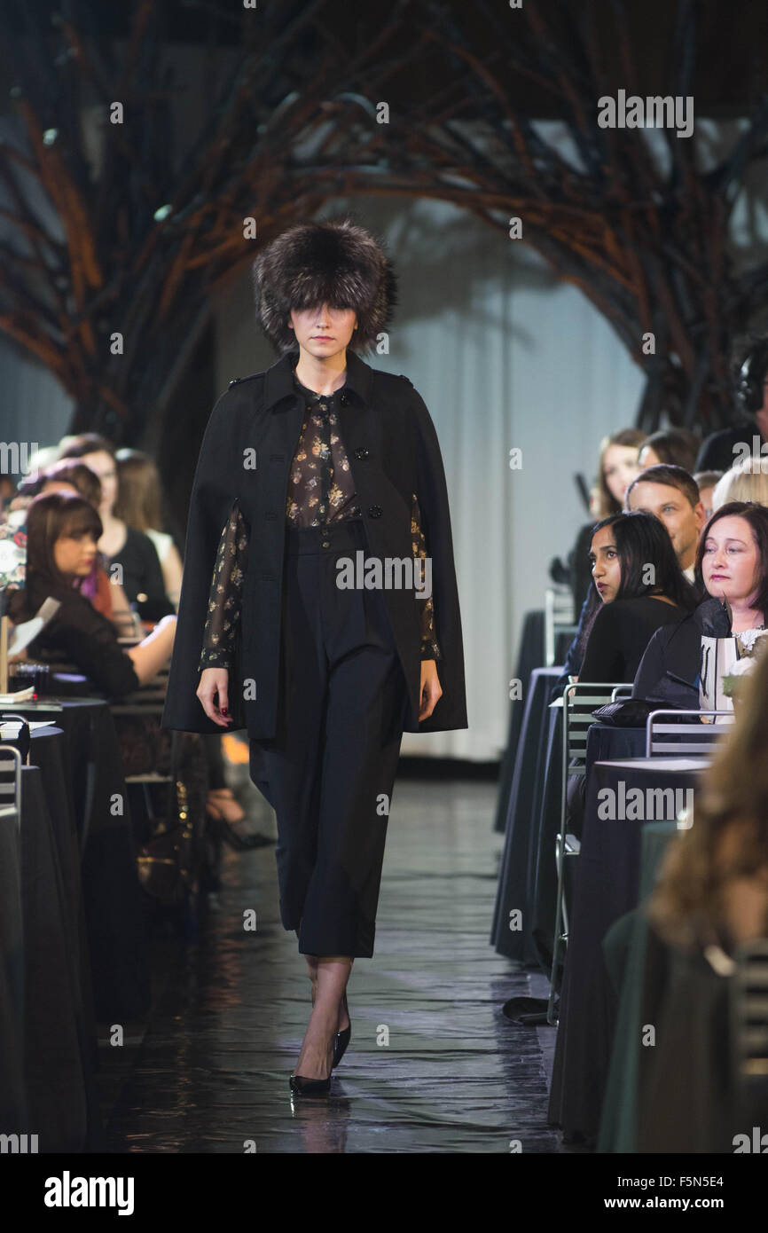 Calgary, Alberta, Canada. 6th Nov, 2015. A female model walks the Catwalk at HOLT RENFREW's Fashion Gala in Calgary wearing pants by PINK TARTAN, a shirt by THE KOOPLES, a Jacket by RED VALENTINO & topping her outfit off with a hat by ABC FUR. Credit:  Baden Roth/ZUMA Wire/Alamy Live News Stock Photo